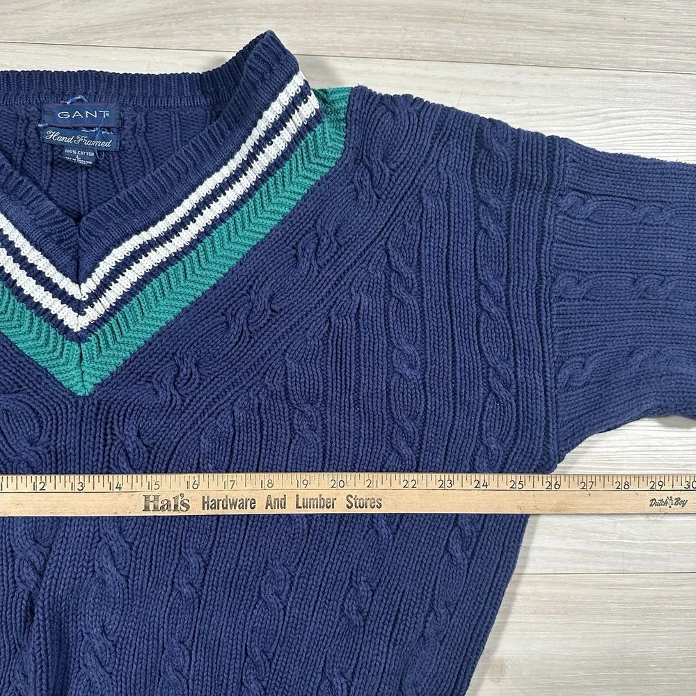 Vintage Gant Sweater Mens Blue Hand Framed 100% Cotton Cable Knit Size Large